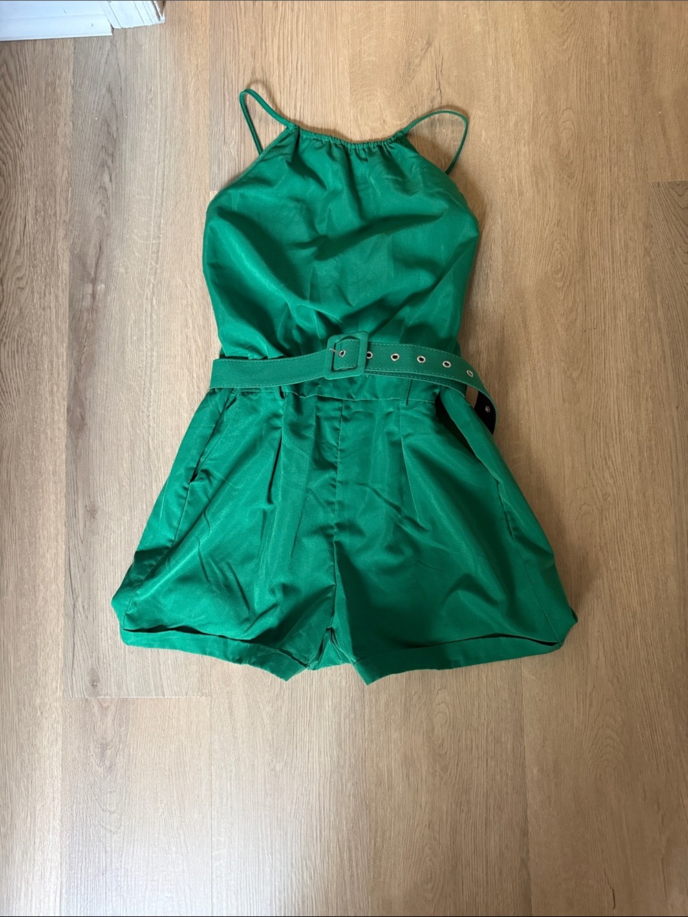 Green Spaghetti Strap Romper with Belt